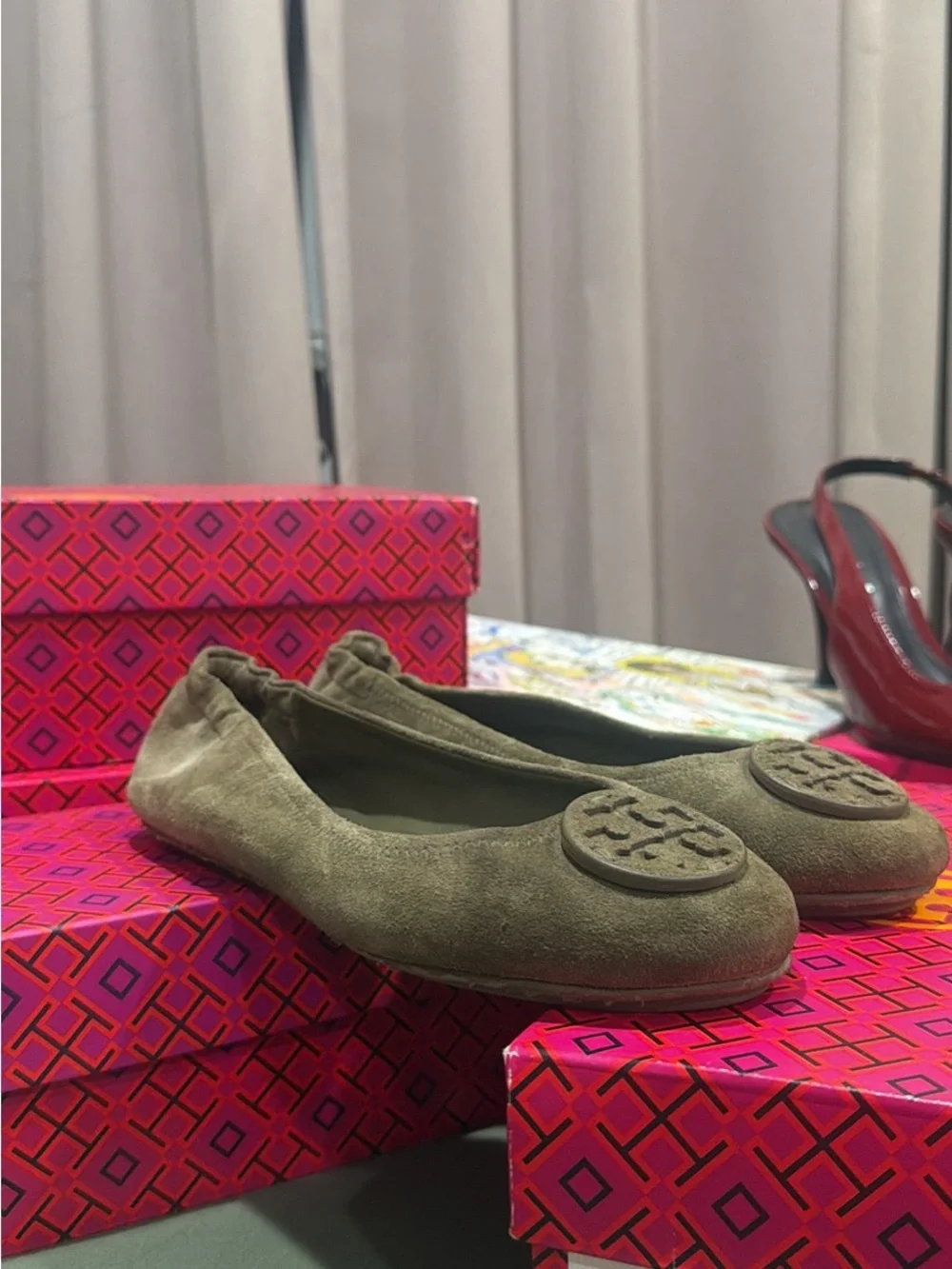 Tory Burch Olive Green Suede Logo Ballet Flats
